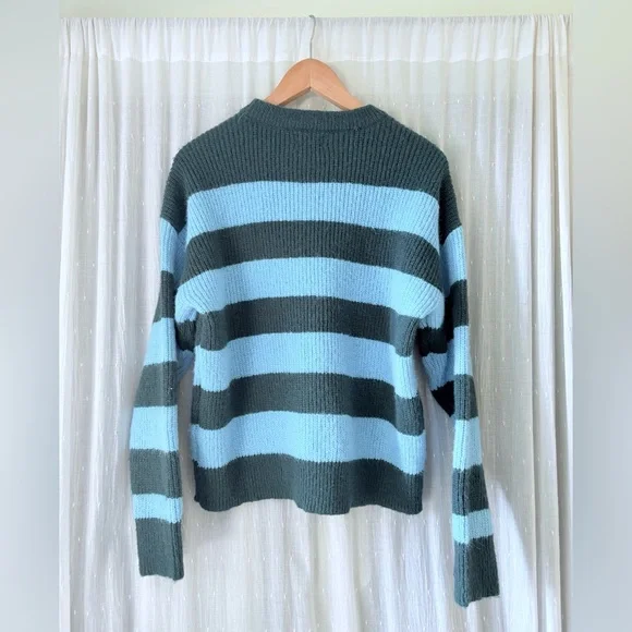 ON 34th Cozy Striped Blue and Green Women's Sweater - Picture 2 of 4